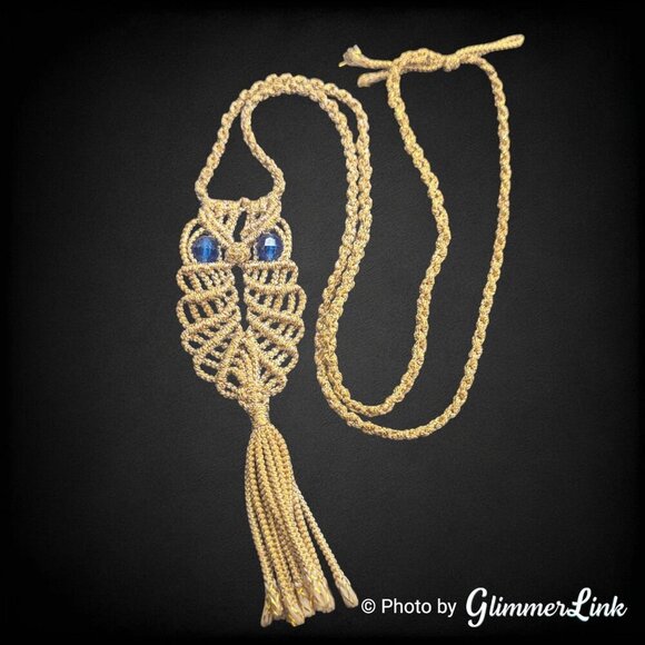Macrame Crochet Owl Beaded Eyes Tassel Cord Necklace - Picture 1 of 11